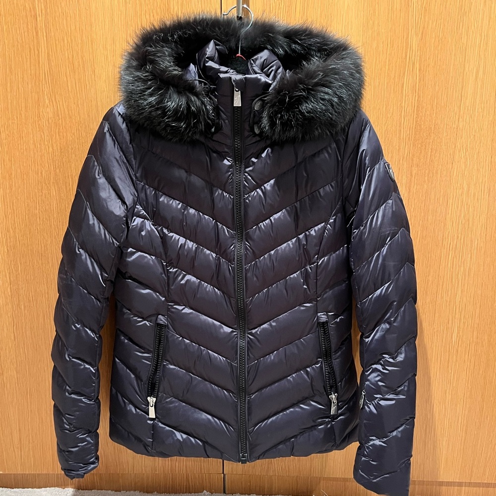 Toni Sailer Luxury Ski Jacket in Navy with Fox Fur Trimmed Hood